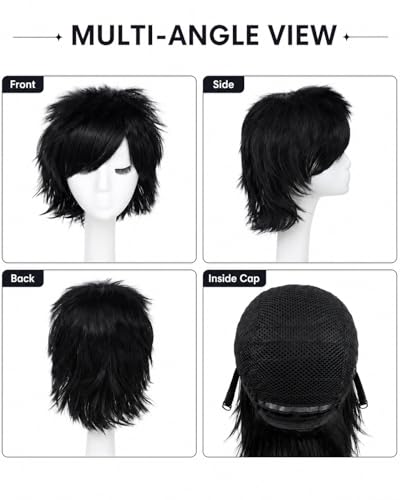 Image of Rose bud Anime Halloween Dark Black Wig for Cosplay Party Synthetic Layered Short Hair Wigs with Bangs Pastel Funny Wigs for Women Men