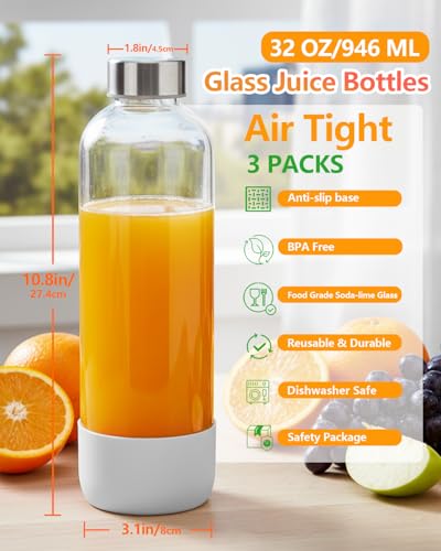 Image of Zukro 32 oz Glass Juice Bottles With Lids, 3 Pack Large Clear Glass Bottle with Airtight Stainless Steel Lids For Juicing, Water, Homemade Drinks, Non-slip Silicone Base, Leak Proof & BPA Free