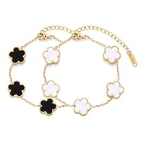 TICVRSS Clover Bracelets for Women, 18K Gold Plated Fashion Bracelet Four Leaf Lucky 5 Leaf Bracelet Jewelry Gifts (White+Black)