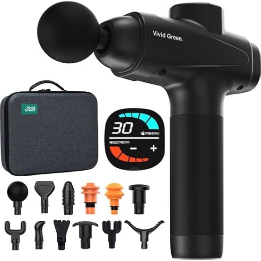 Vivid Green Massage Gun, Percussiemassage, Benen/Armen/Rug/Nek/Schouders/Voeten, Draadloos, Kunststof, 800g, Zwart, 30 Intensiteitsstanden, Professioneel Sportmassage, 12 Opzetstukken