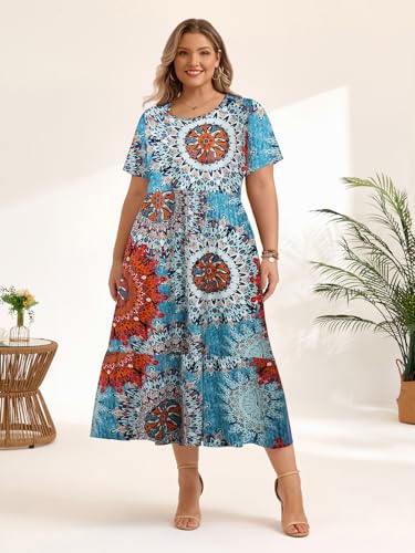 Image of LARACE Plus Size Dresses for Women Summer Casual Short Sleeve Long Dress Flowy Maxi Beach Dresses with Pockets L-6XL