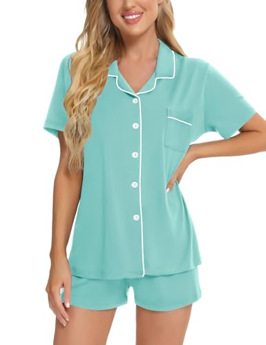 Image of SWOMOG Womens Button Down Pajamas Set Short Sleeve Sleepwear Bride Soft Pj Lounge Sets XS-3XL