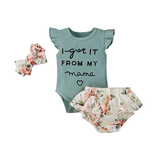 Infant Newborn Baby Girl Floral Shorts Summer Outfits Ruffle Sleeve Bodysuit Tops and Shorts with Headband Set (Green,3-6 Months)