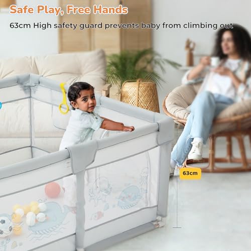 Image of 120x120 cm Playpen for Baby up to 3 Years with Safety Lock & Anti-Fall Grasp Rings (No Ball /No Mat, Non-Foldable) - Grey
