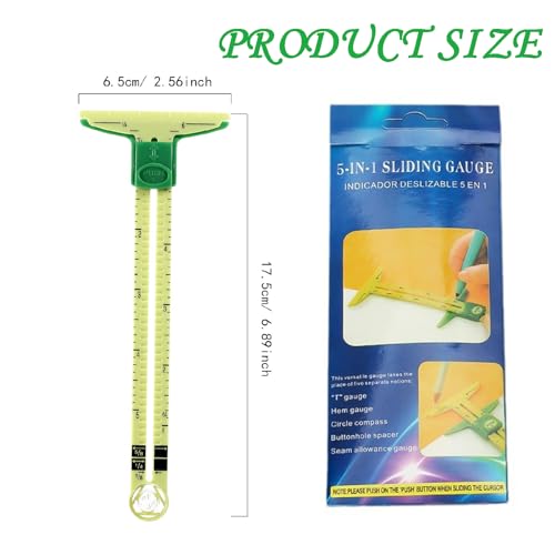 Image of 5-In-1 Sliding Sewing Gauge And Hem Ruler, Green | Plastic T-Shaped Ruler Adjustable From 0 To 5 Inches For Seam Allowance, Button Holes, Hem Marking, Quilting And DIY Crafts