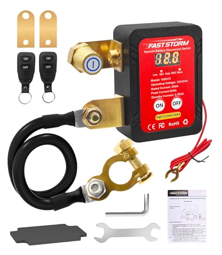 FASTSTORM 250A 12-24V Remote Battery Disconnect Switch with Extra Negative Battery Cable Led Voltage Display Car Anti Theft Kill Switch Automatic Battery Shut Off Switch