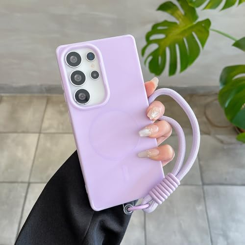 Étui de téléphone violet pour Samsung S24 Ultra idéal pour filmer en voyage avec dragonne