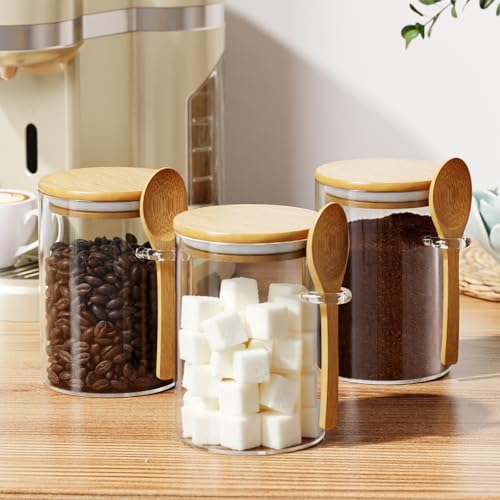 Image of 15 oz Glass Sugar Container, 1 Pack Coffee Container, Glass Jars with Lids | Seal, BPA-Free, Bamboo Soop, Coffee Bar Accessories, for Coffee Beans, Creamer, Salt, Overnight Oats, Brown sugar, Candy, Tea