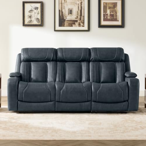 Image of Watson & Whitely Genuine Leather Reclining Sofa 3-Seat Power Lumbar, Blue