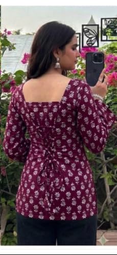 Image of Women's Rayon Printed Short Kurti | Straight Fit Casual Ethnic Top | Square Neck Full Sleeve Ladies Kurti Office College