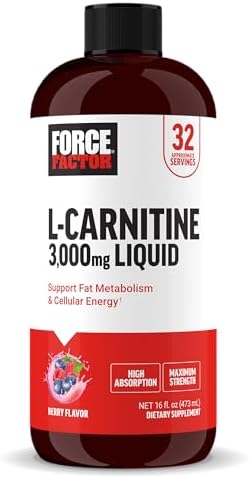 Force Factor L Carnitine Supplement, Liquid L-Carnitine 3000 mg to Help Turn Fat Into Energy, Support Muscle Recovery, and Boost Cellular Energy, Maximum Strength, Non-GMO, Berry Flavor, 16 Oz.