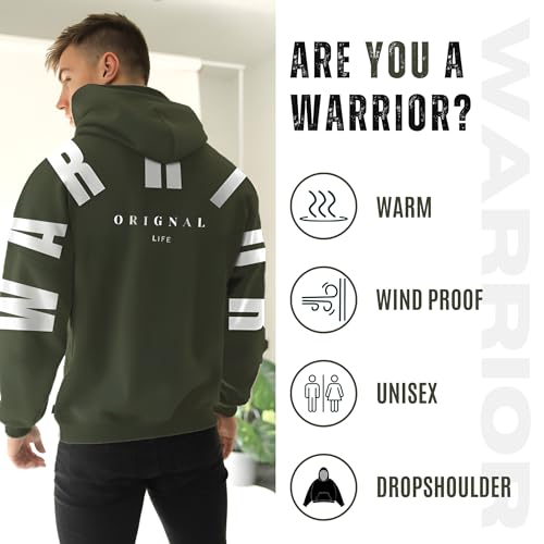 Image of FOURTH LINE Unisex Warrior Back Printed Oversized Hoodie for Men & Women | Loose Fit Graphic Printed Cotton Fleece Hooded Sweatshirt | Premium Full Sleeves Travel Hoodie