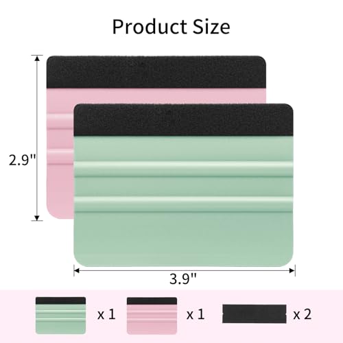Image of AMZDEPOT 2 Pcs Felt Edge Squeegee 4 Inch Teal and Pink | Extra 2 Felt Replacements, Non Slip Plastic 4 Inch Squeegee, Scratch Free Bubble Elimination, for Car Wrap Window