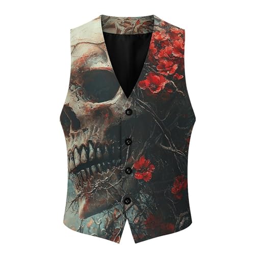 Formal Suit Vest Slim Fit Waistcoat Business Tuxedo, Red Skull Rose Flower Dark3