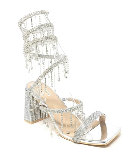 Wild Diva Women's Molla-01 Chandelier Embellished Rhinestone Spiral Coil Wrap Around Chunky Block Heels2
