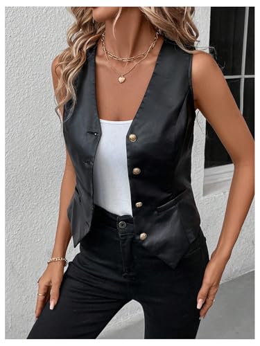 SweatyRocks Women's PU Leather Button Down V Neck Sleeveless Jacket Vest Waistcoat4