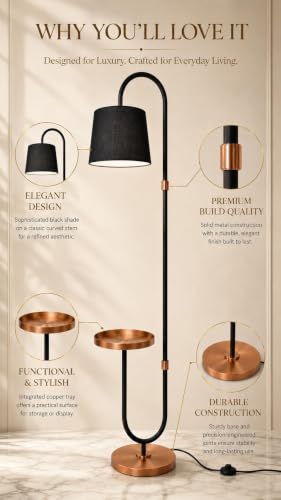 Image of Deco Crush Modern Floor Lamp Standing Antique Brass Finish Gold for Home Decoration, 5ft Height with Black Lampshade (Pack of 1) (Rose Gold Black)