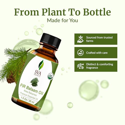 Image of SVA Organic Fir Balsam Essential Oil with Dropper, 1 Fl Oz (30 ml) | Fir Balsam Essential Oil for Diffuser, Room Spray, Home Fragrance, Soap, Candle, Bath Blends & DIY Blending in Glass Bottle