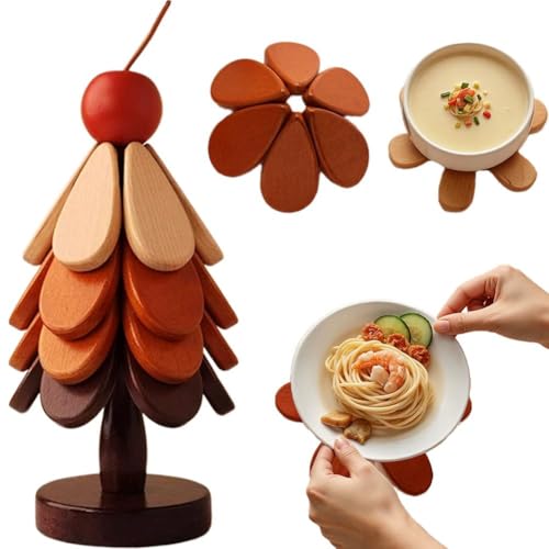 Cikiki Sottopentola in legno naturale per piatti caldi, set di sottopentola a forma di albero di Natale per pentole calde, sottobicchieri in legno per ciotole, teiere, piatti, bevande, decorazioni