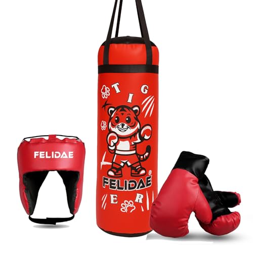 Image of FELIDAE Boxing Kids for Age (5-13 Years) of 4 Boxing Kit Set | Punching Bag for Karate | Bounce-Back Martial Arts Bag for Boys & Girls to Relieve Energy and Build Skills (Red Black)