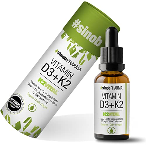 sinob Vitamin D3 K2 hochdosiert Tropfen mit 1000 IE Vitamin D und 20 µg K2 (99,7% All-Trans) pro Tropfen. Hoch bioverfügbares Vitamin D3 + K2 (K2VITAL von Kappa) 1 x 10 ml Cover