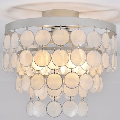 Topaluce Modern Capiz Shell Chandelier Boho Coastal Silver Flush Mount Ceiling Light Fixture for Kids Bedroom,Dressing Room,Entryway,Kitchen Dining Room