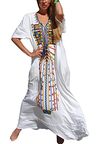 YouKD Vestido largo de verano de algodón floral estilo kaftán bohemio para la playa, vestido maxi para mujer, blanco, Altoa única