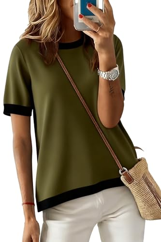 Image of Womens Short Sleeve Striped Color Block Crew Neck Sweater Shirt Lightweight Cotton Casual Summer Pullover Tops