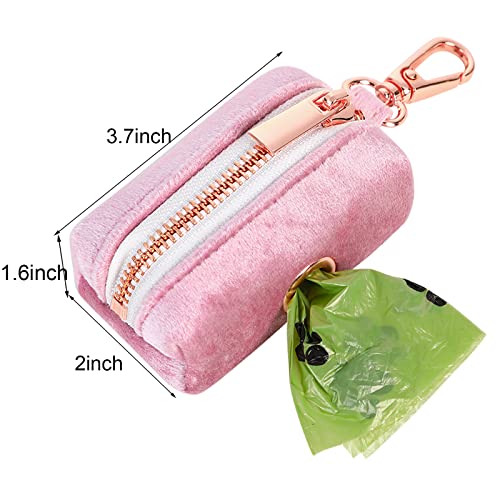 Image of ARING PET Velvet Dog Waste Bag Dispenser, Pink Doggy Poop Bags Holders Attach to Any Leashes, Portable Washable Pet Waste Pouch Dispenser with Metal Zipper