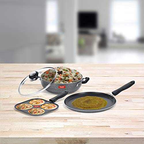 Image of Sumeet NonStick Kelabu Cookware Set (Dosa Tawa - 26.5Cm Dia + Kadhai with Glass Lid -2Ltr - 22Cm Dia + Mini Multi Snack Maker - 4 Cavity -19.5cm)
