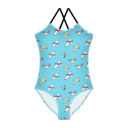 senya Girls Swimsuits One-Piece Swimwear Tie Bathing Suit Beach Summer Round Neck 5-6T Airplane Blue Background Pattern