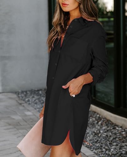 Image of Aoudery Womens Button Down Shirt Dresses with Pockets Cotton Button Up Tunics Long Sleeve Solid High Low Blouse Tops
