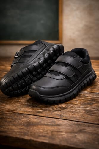 Image of PeniLo Black School Shoes with Double Velcro Straps, Comfortable Athletic Style