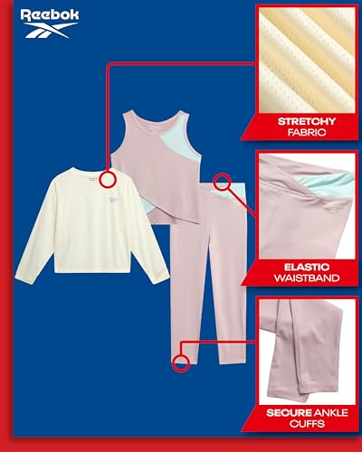 Image of Reebok Girls Leggings Set - 3 Piece Sleeveless Athletic Top Pullover Crewneck Workout Sweatshirt and Girls Yoga Pants