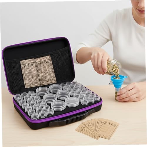 Caja de almacenamiento de semillas portátil morada con botellas y embudo 3