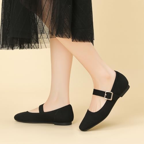 Mary Jane Shoes Women Ballet Flats with Arch Support, Flats for Women Square Toe Comfortable Knit Flats with Ankle Strap, Washable Casual Office Shoes2