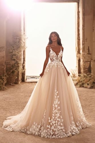 Zeeyecie Spaghetti Strap Wedding Dresses for Bride Deep V-Neck Backless A-Line Lace Applique Bridal Gown with Train2