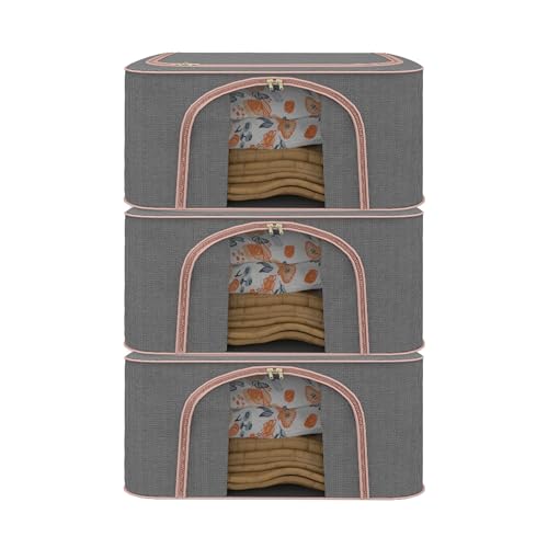 Image of Kuber Industries Pack of 3 Foldable 66 Liter Cloth Organizer for Storage with Steel Frames, Zip & Handles | See Through Saree Organiser for Wardrobe, Seasonal & Home Items | LJ-1-GRY | Grey