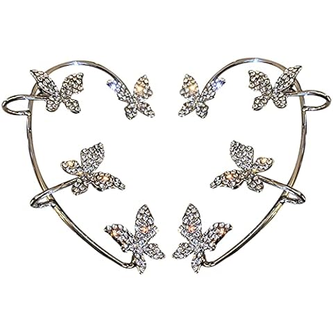 Zircon Butterfly Ear Clip Vintage Butterfly Wrap Cip-on Earrings Simple Earrings for Women (Silver-A Pair) Cover
