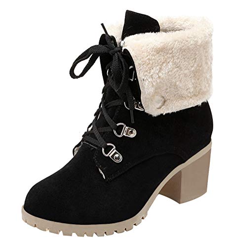 LUXMAX Women Lace Up Fold Over Ankle Boots Block Heel Winter Warm Booties