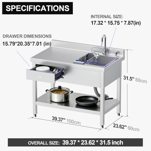 Image of Stainless Steel Utility Sink with Workstation and Drawer