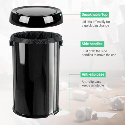 Image of Garvee 17 Gal /65 L Round Trash Can, Stainless Steel Swing Top Garbage Can for Kitchen, Heavy Duty Commercial Trash Bin with Swing Lid for Restaurant Home Office, Gloss Black