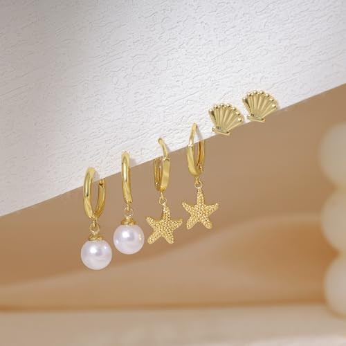 Image of Gold Plated Earrings for Women, 14k Gold Plated Earring Stack Hypoallergenic Pearl Drop Earring Dainty Earrings for Women Trendy Cute Small Huggie Hoop Earring Fashion Womens Jewelry