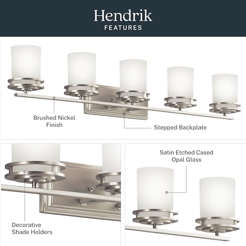Image of Kichler Hendrik 43 inch Vanity Light in Brushed Nickel, 5-Light Modern Bathroom Vanity with Satin Etched Cased Opal Glass, (43 inch W x 7.75 inch H), 5085NI