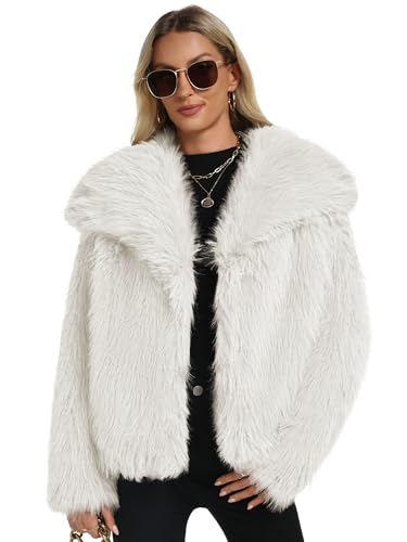 Funlingo Women's Faux Fur Coat Winter Long Sleeve Lapel Cropped Jacket Warm Shaggy Overcoat