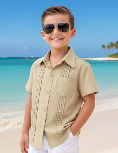 Image of Boys Guayabera Shirt Short Sleeve Button Down Casual Linen Shirt with Pockets for Summer Hawaiian Holiday 4-13Y