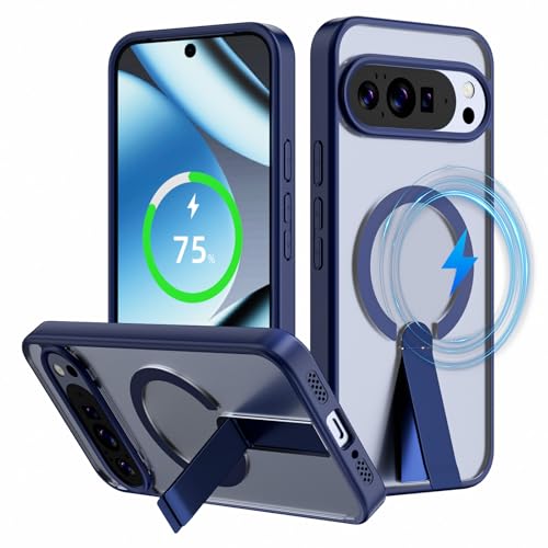 Coque Google Pixel 9 Pro compatible MagSafe avec béquille arrière antichoc fine bleue