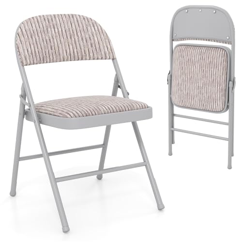COSTWAY 1/2/4 Pack Padded Folding Chair Easy Storage Conference Chair with Sponge Seat Backrest & Foot Pads Metal Frame Hall Guest Seating for Home Office (Beige Linen Fabric Mid Back 1 Pcs)