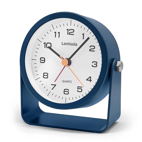 Image of Lamisola 3.5 Inch Small Desk Battery Clock, Alarm Clock for Bedroom, Blue | Travel Clock for Bathroom Table Shelf Bedside, Cute Metal Vintage