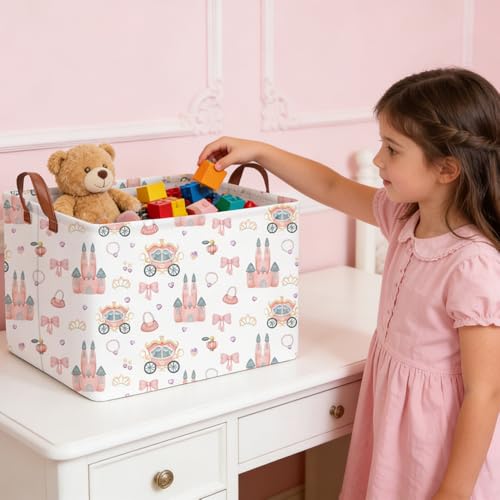 Image of Rectangular Princess Castle Basket,Collapsible girl storage box,Pink Basket,Gift Organizer,Girl Room Decor,Books Box(Princess)